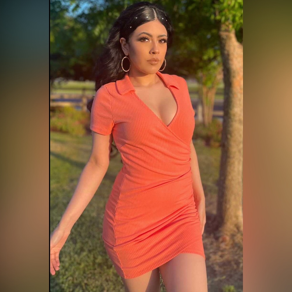 Orange Ribbed Wrap Dress - Picture 4 of 12